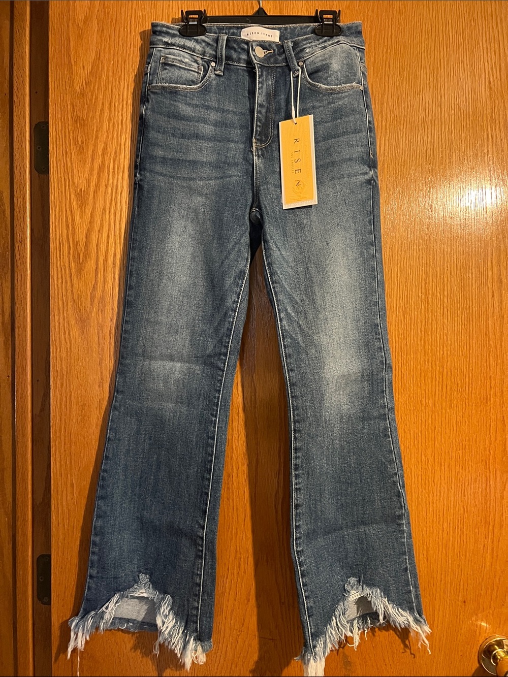 Risen Women's High-Rise Cropped Fray Hem Jeans in Medium Blue